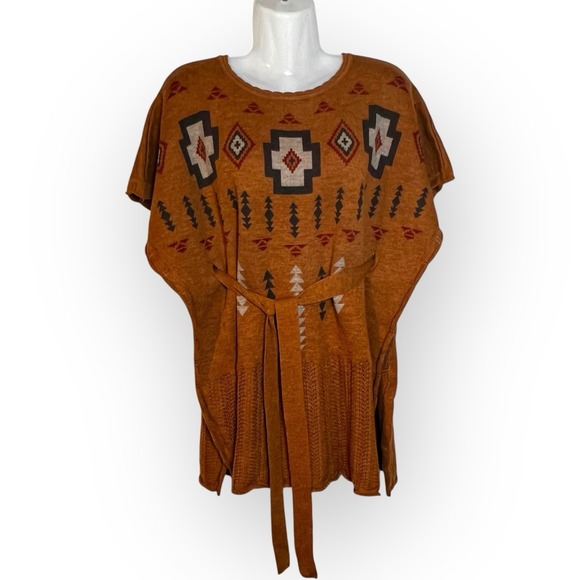 PENDLETON Brown Ashcreek Aztec Virgin Wool Tie Anthropologie Poncho sz XS / S - Picture 3 of 15